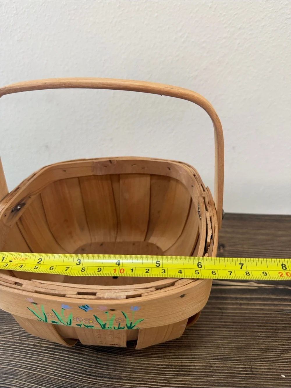 Vintage Hand Painted Wooden Splint Basket Floral Garden Cottagecore Farmhouse